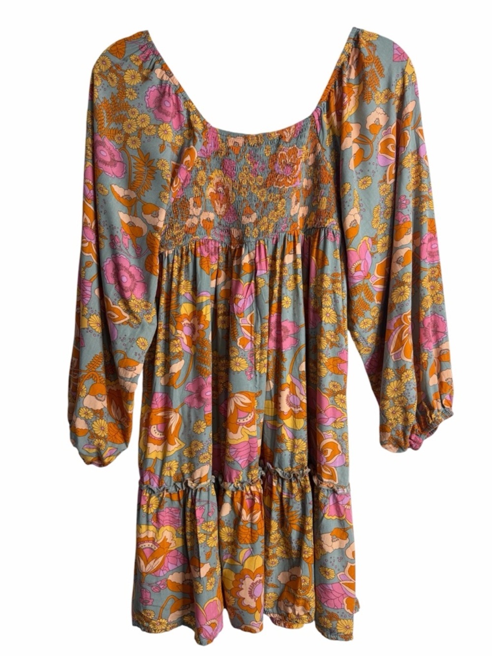 Habit Floral Boho Mini Dress Smocked Peasant Long Sleeve Pink Orange Size M - Picture 4 of 8